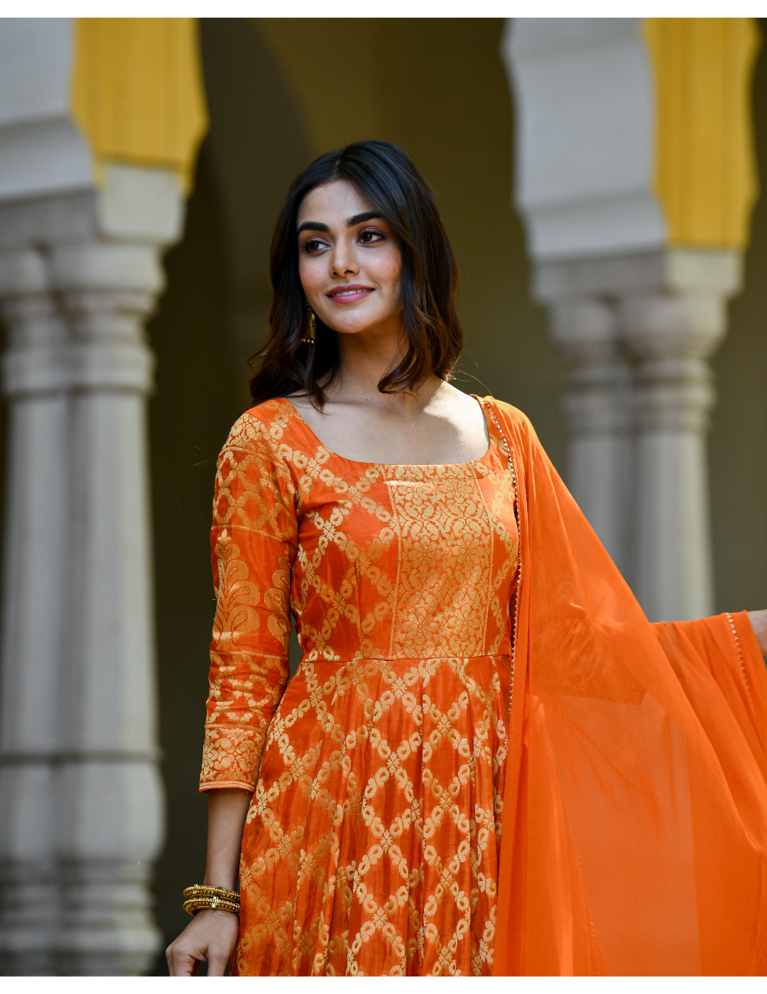 Orange Silk Zari Gown With Dupatta